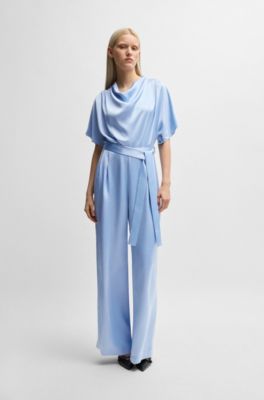 Cowl-neck regular-fit jumpsuit in fluent satin, Light Blue