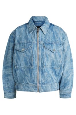 Oversize-fit bomber jacket in blue distressed denim, Dark Blue