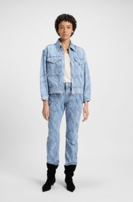 Oversize-fit bomber jacket in blue distressed denim, Dark Blue