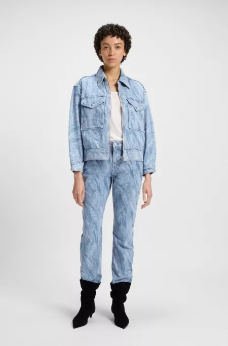 Oversize-fit bomber jacket in blue distressed denim