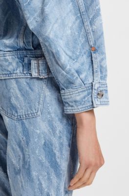 Oversize-fit bomber jacket in blue distressed denim, Dark Blue