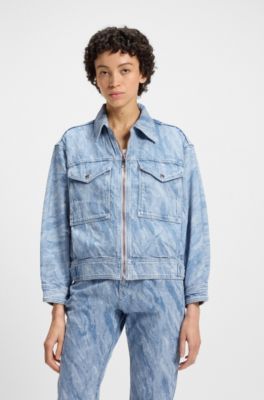 Oversize-fit bomber jacket in blue distressed denim, Dark Blue