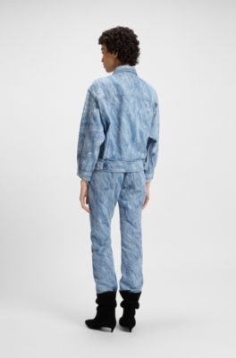 Oversize-fit bomber jacket in blue distressed denim, Dark Blue