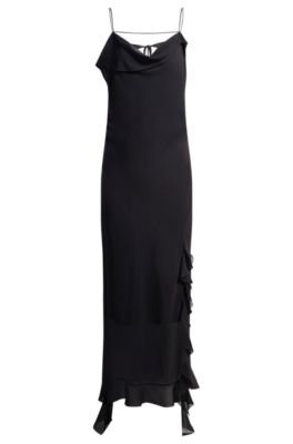 Cowl-neck regular-fit dress with ruffle trim, Black