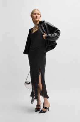 Cowl-neck regular-fit dress with ruffle trim, Black