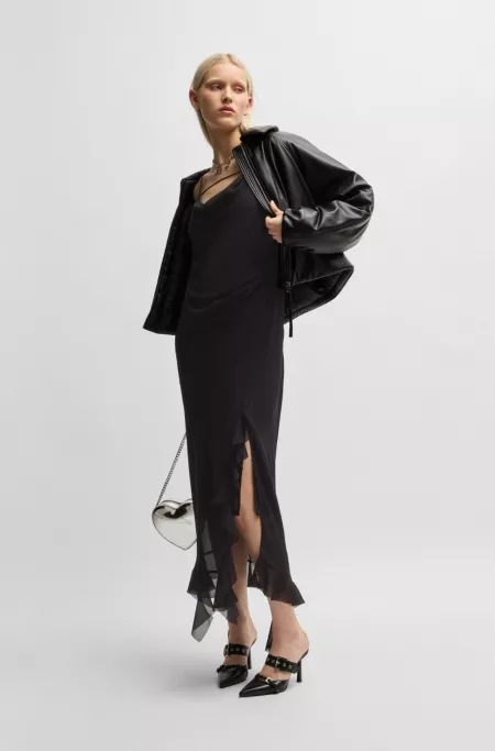 Cowl-neck regular-fit dress with ruffle trim