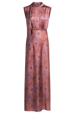 High-neck butterfly-print maxi dress in soft satin, Patterned