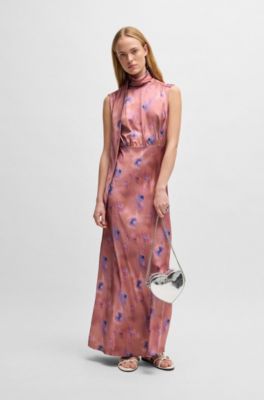 High-neck butterfly-print maxi dress in soft satin, Patterned
