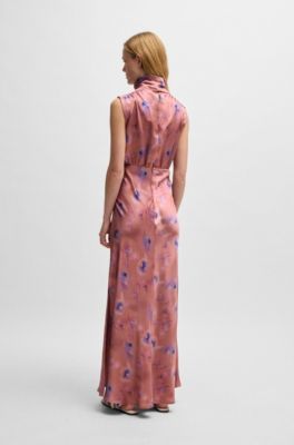 High-neck butterfly-print maxi dress in soft satin, Patterned