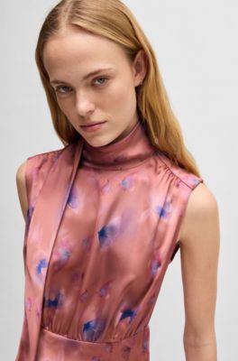 High-neck butterfly-print maxi dress in soft satin, Patterned