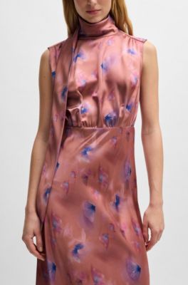 High-neck butterfly-print maxi dress in soft satin, Patterned