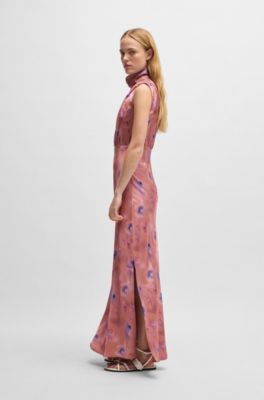 High-neck butterfly-print maxi dress in soft satin, Patterned