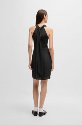 Sleeveless dress with stand collar and cut-out detail, Black