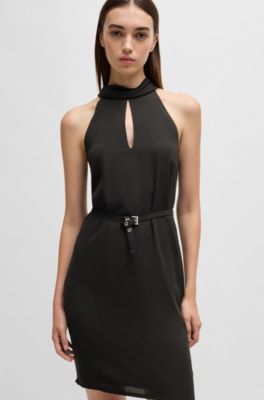 Sleeveless dress with stand collar and cut-out detail, Black