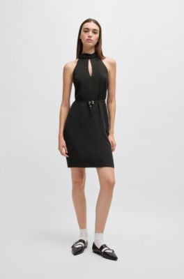 Sleeveless dress with stand collar and cut-out detail, Black