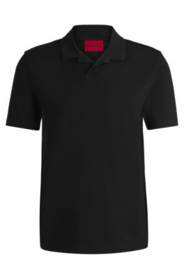 Polo slim fit de algod&oacute;n el&aacute;stico con cuello johnny, Negro