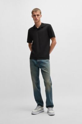 Polo slim fit de algod&oacute;n el&aacute;stico con cuello johnny, Negro