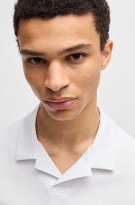 Polo slim fit de algod&oacute;n el&aacute;stico con cuello johnny, Blanco