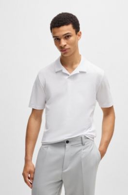 Polo slim fit de algod&oacute;n el&aacute;stico con cuello johnny, Blanco