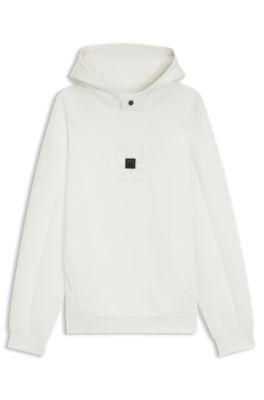 Sudadera con capucha de interlock de algod&oacute;n con logos apilados, Blanco