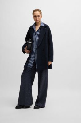 Loose-fit coat in textured wool, Dark Blue