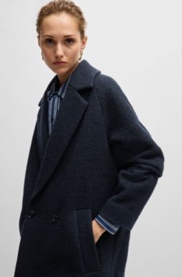 Loose-fit coat in textured wool, Dark Blue