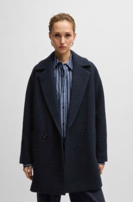 Loose-fit coat in textured wool, Dark Blue