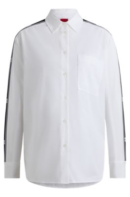 Hugo Boss Oversize-fit Blouse With Stacked-logo Tape Trims In White