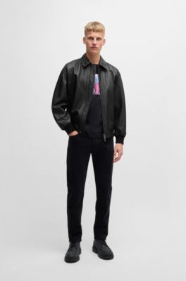 Relaxed-fit bomber jacket in treated leather, Black