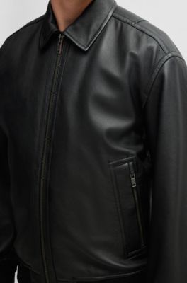 Relaxed-fit bomber jacket in treated leather, Black