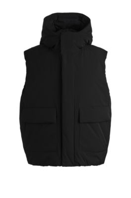 Doudoune sans manches Relaxed &agrave; capuche en tissu d&eacute;perlant, Noir