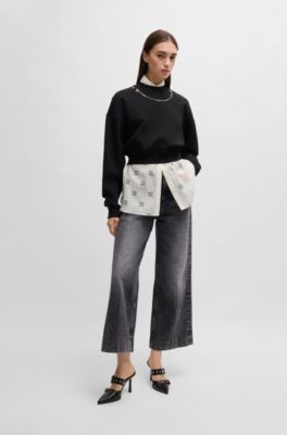 Jeans de pernera ancha en denim r&iacute;gido negro, Negro