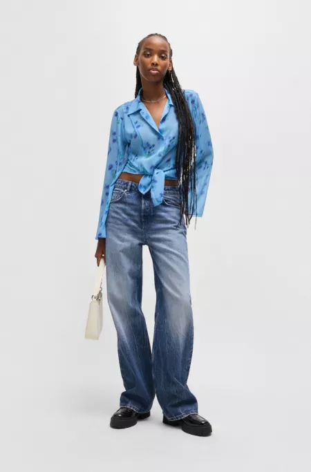Straight-fit wide-leg jeans in blue cotton denim