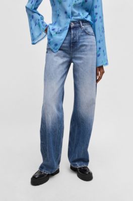 Straight-fit wide-leg jeans in blue cotton denim, Blue