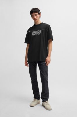 Cotton-jersey T-shirt with chain-stitch logo, Black