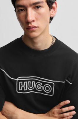 Cotton-jersey T-shirt with chain-stitch logo, Black