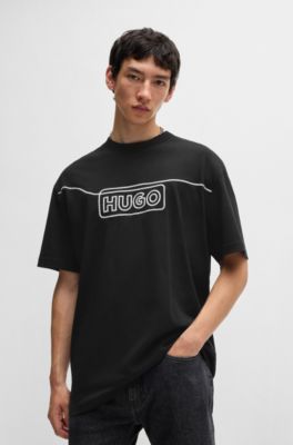 Cotton-jersey T-shirt with chain-stitch logo, Black