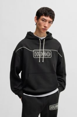 HUGO - Cotton-terry hoodie with chain-stitch logo - Black
