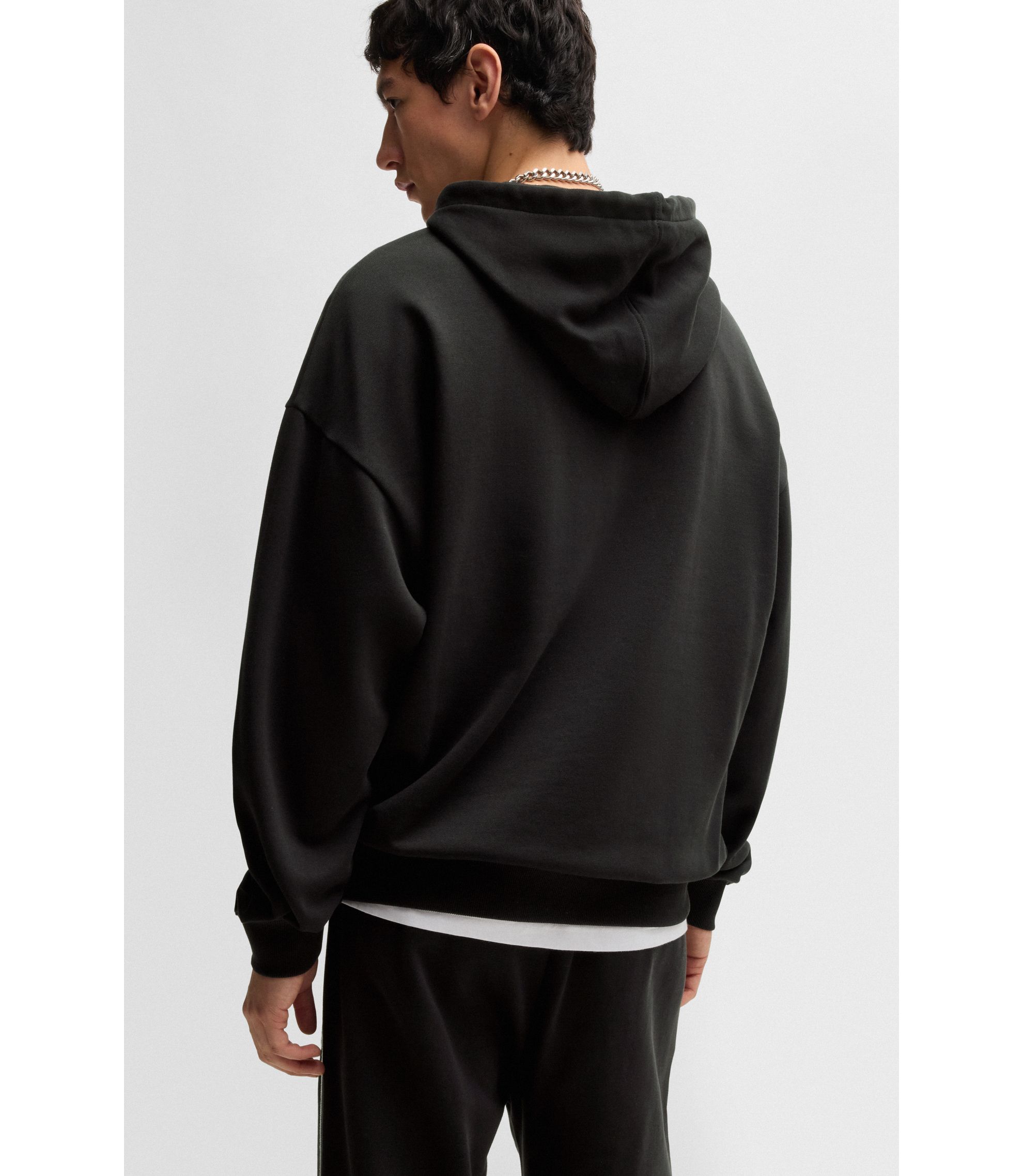 HUGO - Cotton-terry hoodie with chain-stitch logo - Black