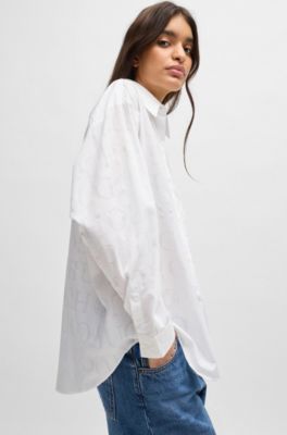 Oversize-fit blouse with devor&eacute; logo print, White