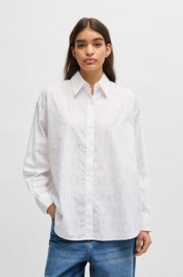 Oversize-fit blouse with devor&eacute; logo print, White