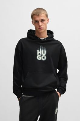 Sudadera con capucha en felpa de algod&oacute;n con logo apilado ahumado estampado, Negro