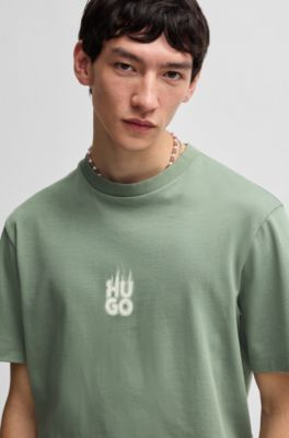 Cotton-jersey T-shirt with stacked smoke logo prints, Light Green