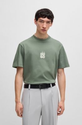 Cotton-jersey T-shirt with stacked smoke logo prints, Light Green