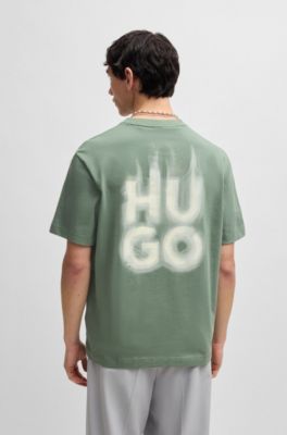 Cotton-jersey T-shirt with stacked smoke logo prints, Light Green