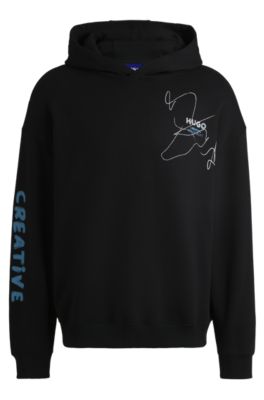 Sudadera holgada de felpa de algod&oacute;n con capucha y logo garabateado, Negro