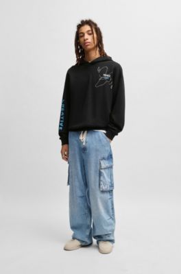 Sudadera holgada de felpa de algod&oacute;n con capucha y logo garabateado, Negro
