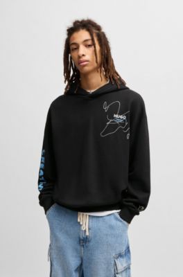 Sudadera holgada de felpa de algod&oacute;n con capucha y logo garabateado, Negro