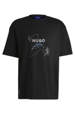 【送料&関税込】Hugo Boss Cotton T-shirt BOSS - Mercerized-cotton T-shirt with two-tone jacquard - Black