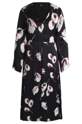 Satin V-neck dress with tulip print, Patterned